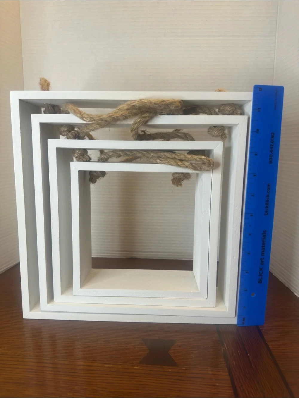 Set of 4 Nesting White Wooden Square Floating Cube Shelves with Jute Rope